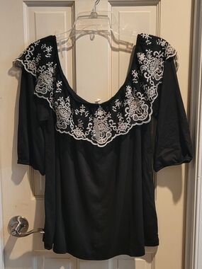 Maurices Black Off-Shoulder Top with White Lace Yoke